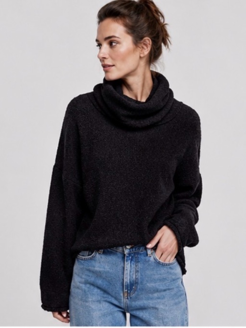 Free People Big Easy Cowl Neck Crop Sweater – Black